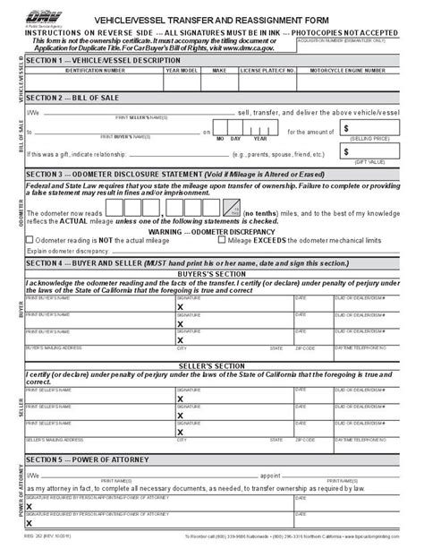Reg 262 dmv california - The Vehicle/Vessel Transfer and Reassignment Form (REG 262) is used for odometer disclosure when: The title is a noncomplying title. An Application for Duplicate or Paperless Title (REG 227) form is required and is part of the application. The title is unavailable at the time of transfer. There is an error or alteration in the […] 